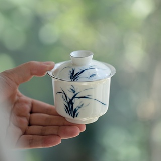純手繪幽蘭描白金惜玉蓋碗【化雲】茶杯家用陶瓷茶碗單個帶蓋泡茶器