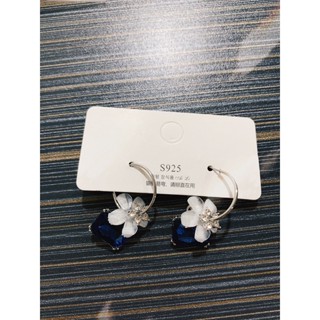 925銀針 韓系耳環 藍寶石色鑲鑽花朵耳環 快速出貨 氣質高雅時尚簡約百搭高冷水鑽耳環 方形藍鑽花朵耳環 韓系耳環