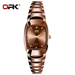 OPK 女士夜光防水鋼帶指針式長方形時尚潮流日曆手錶