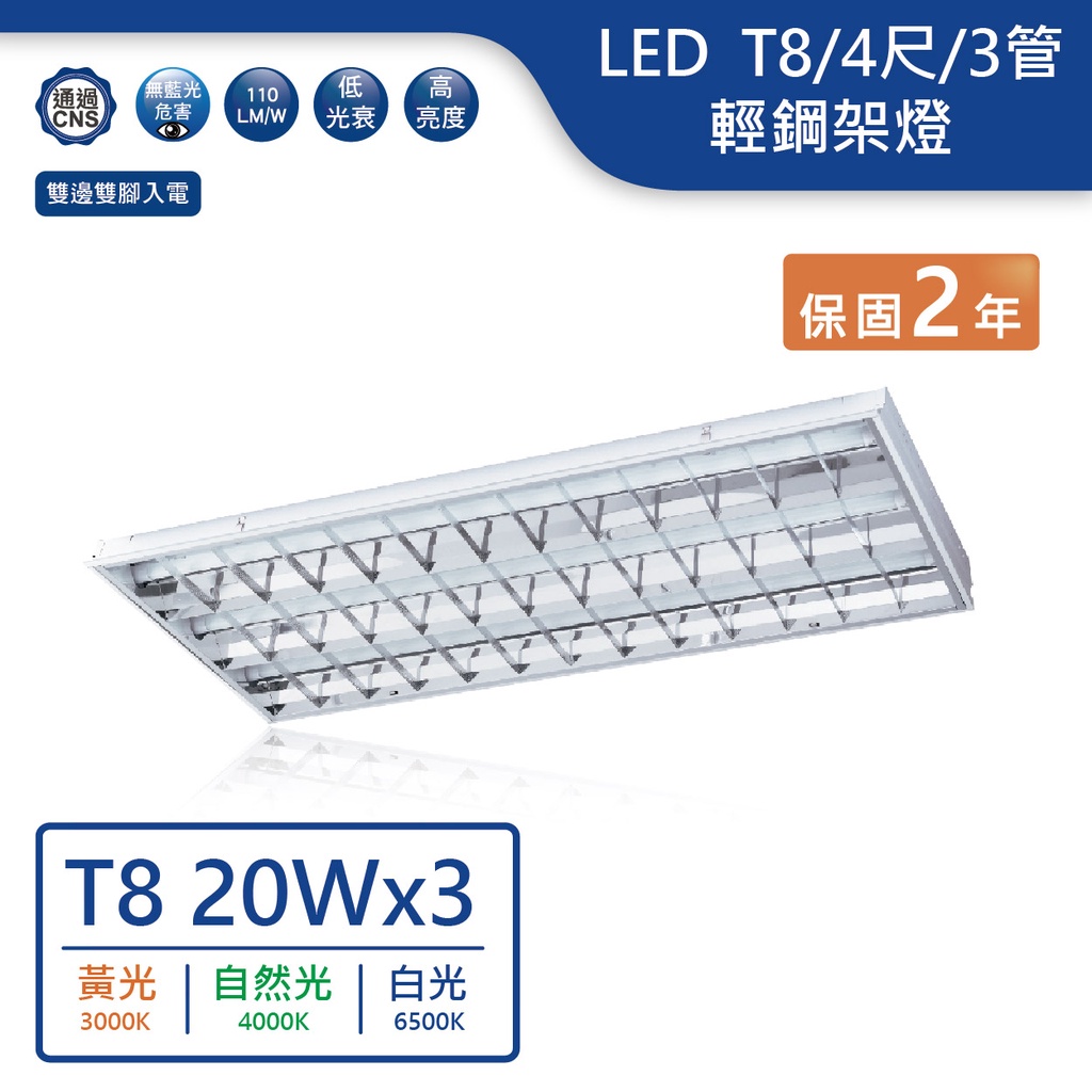 【舞光.LED】LED T8/4尺/3管輕鋼架燈(黃光/自然光/白光)【實體門市保固兩年】-4341R6 輕鋼架燈 平板