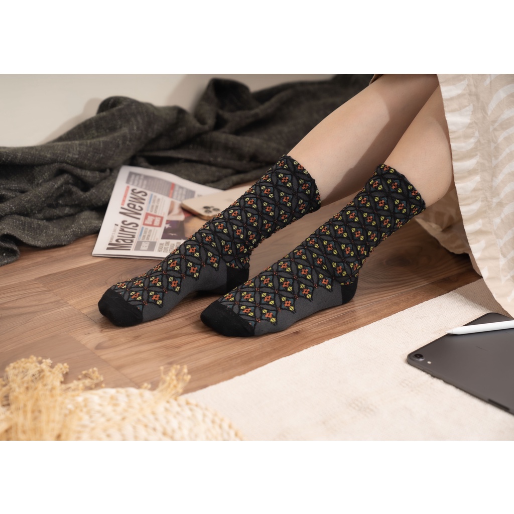 Bibofi 日系 復古 花磚 造型 棉質 中筒襪 a001-01 🧦台灣現貨 🇹🇼
