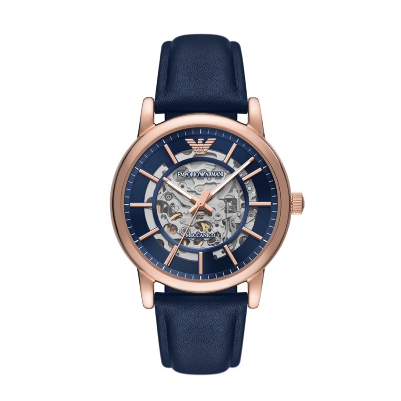 EMPORIO ARMANI 亞曼尼Meccanico系列紳士機械腕錶-玫瑰金X藍-AR60050-43mm
