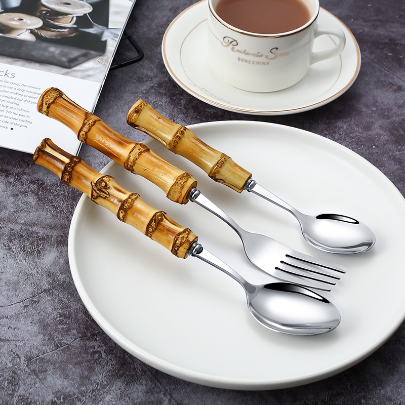 四件組 竹柄西餐餐具組 304不鏽鋼勺叉 金色銀色湯匙 西方餐具