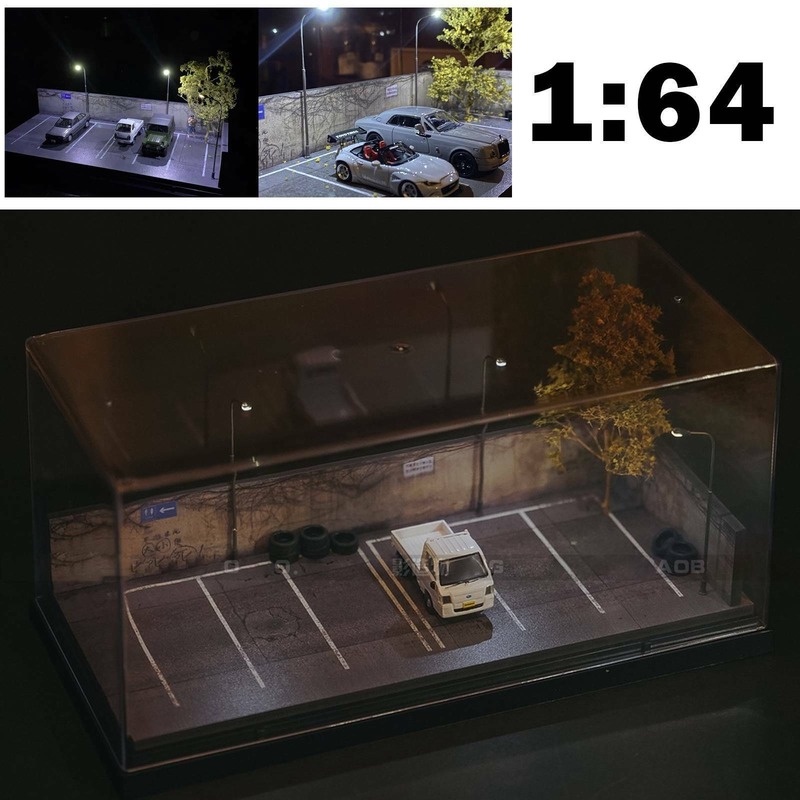 1/64 立體模型汽車車庫模型 LED 照明建築背景停車場場景模型玩具