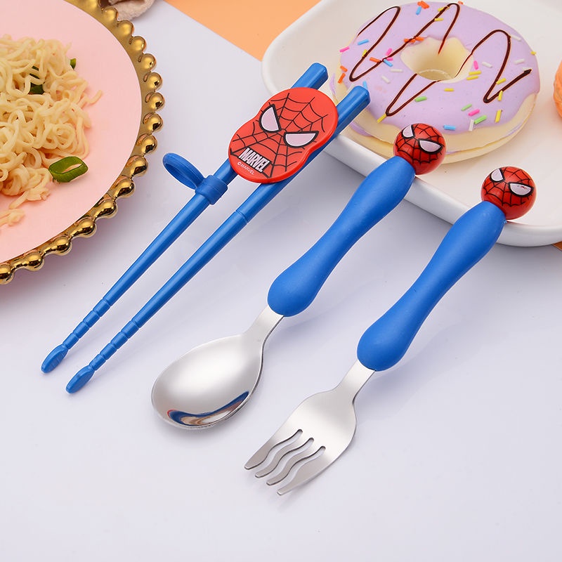 蜘蛛人餐具 兒童勺子硅膠手柄湯勺卡通不銹鋼叉子防燙小勺子可愛餐具練習筷子 A1HG