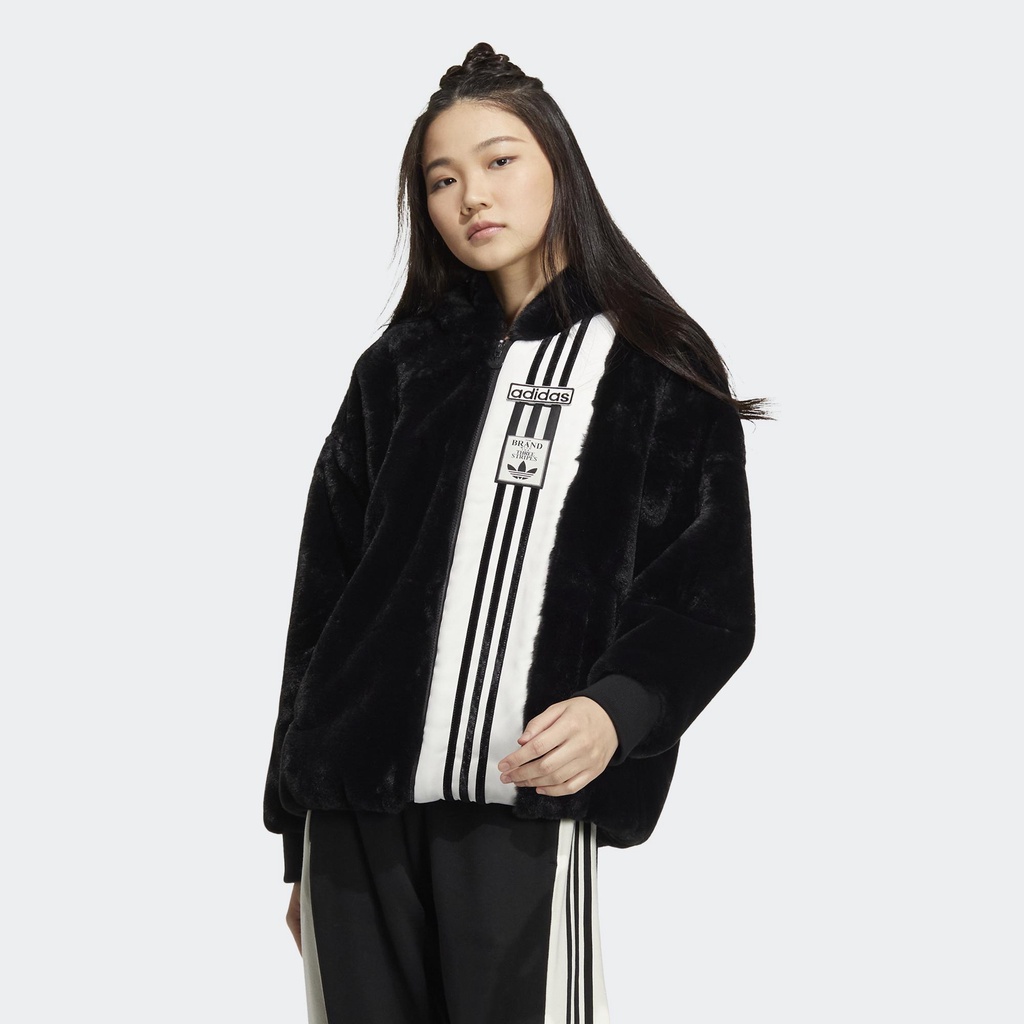 【豬豬老闆】ADIDAS OG ADIBREAK FUR 黑白 撞色 拼接 人造毛皮 連帽外套 女款 IC8130