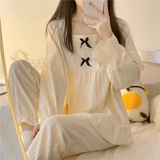【簡美麗人】睡衣 女長袖睡衣 蕾絲花邊睡衣套裝 成套睡衣 公主風蝴蝶結睡衣 春秋季 舒適親膚 居家服套裝 女生睡衣套裝