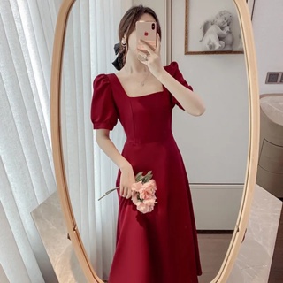 法式赫本風紅色洋裝復古方領修身連衣裙