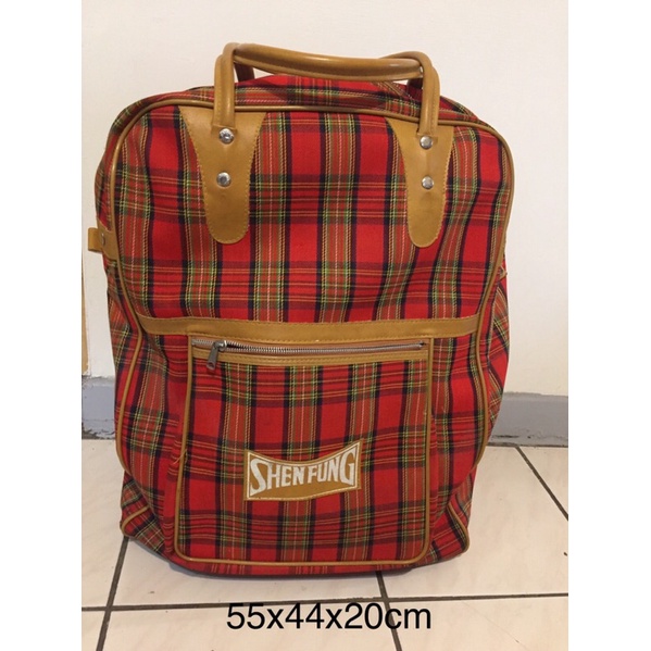 1970 古董 SHEN FUNG 很新 手提袋 直立箱  旅行箱 皮箱 手提箱 紅黑格子 行李箱 牛津布 輕量 收納袋