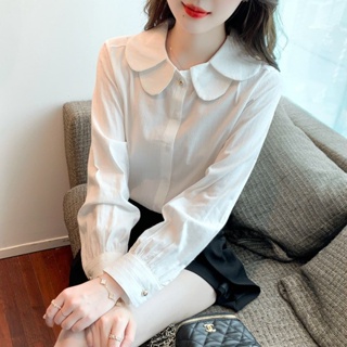 愛依依.長袖襯衫 雪紡衫 上班襯衫S-2XL韓系雙層娃娃領法式百搭感寬鬆白襯衫T614-9857.