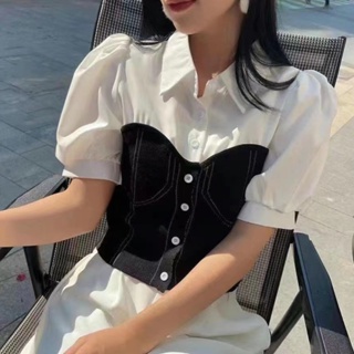撞色短袖T恤 韓版復古泡泡袖Polo領T恤 夏季減齡短版上衣女