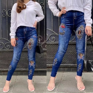 打底褲 JEANS MOTE 進口打底褲 DENIM 珍珠牛仔褲女士唇部圖案