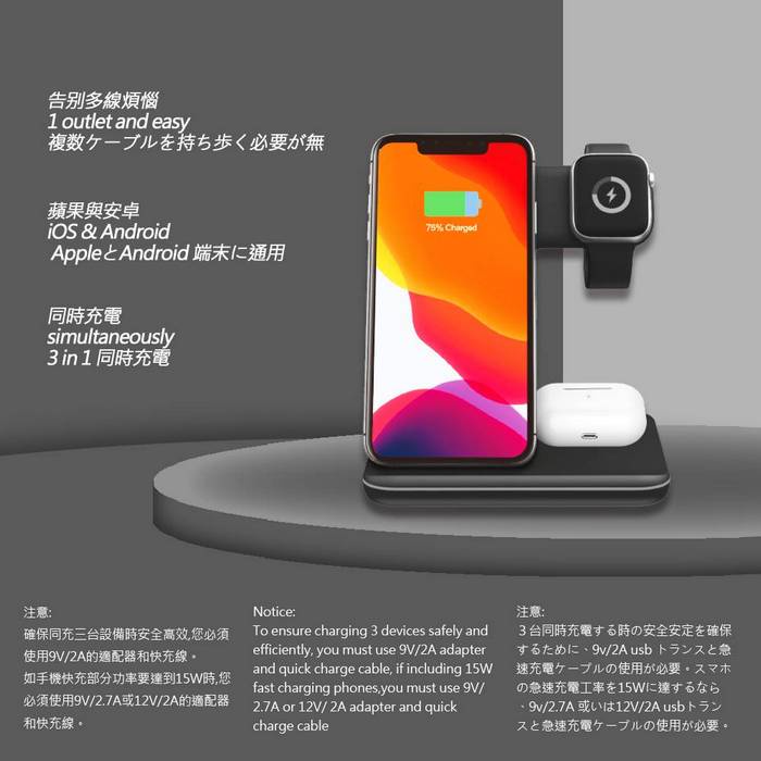 【無線充三合一】iBRIDGE 15W極速三合一無線充電器（限時贈QC3.0快速充電插頭）