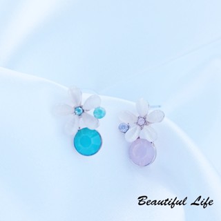 Beautiful Life 韓款 花朵 鑲彩鑽 知性風格 粉紅 海藍色 鋼針防敏耳環 臺灣快速出貨