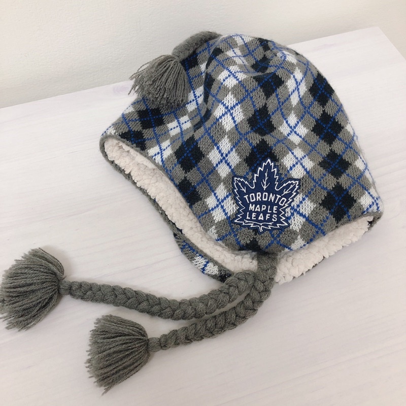 正品 二手 Roots x NHL Toronto maple leafs 格紋 毛帽 飛行帽 灰白藍