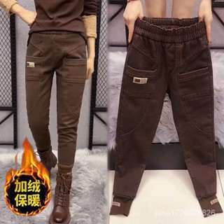 加絨加厚2022鞦鼕保暖小腳休閒褲女高腰顯瘦寬鬆哈倫褲束腳長褲子長褲 jeans women R7TJ