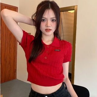 【HOSS】復古紅色POLO領針織衫短袖女夏季 修身顯瘦短袖T恤短款上衣ins潮