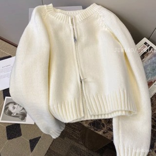 高階感雙拉鏈毛衣開衫女生小個子短版新版加厚圓領針織上衣外套寬鬆針織毛衣 大尺碼 防寒保暖 短版 韓版 HTUS
