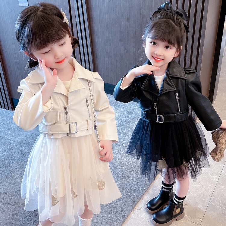 女童秋裝套裝 2022韓版兒童洋氣皮衣外套寶寶網紅 洋裝兩件套 黑色朋克皮衣 蓬蓬洋裝