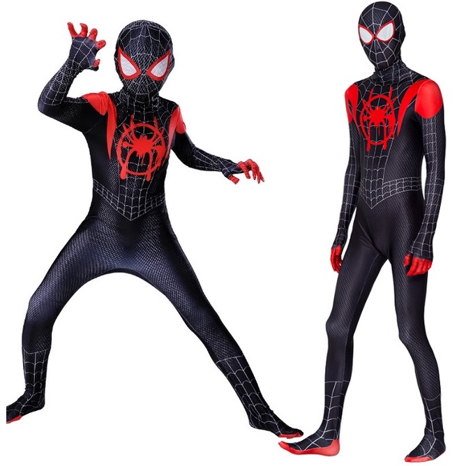 台灣現貨 兒童 黑蜘蛛人 邁爾斯 英雄遠征 小黑蜘蛛 cosplay 緊身衣 扮演 萬聖節 服裝 面罩 全身套裝 蜘蛛人