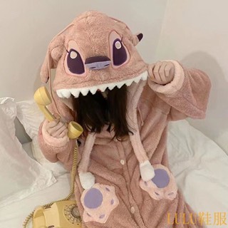 【LULU服飾專區】卡通可愛史迪仔珊瑚絨睡衣女鼕季新款加絨加厚保暖外齣傢居服睡袍