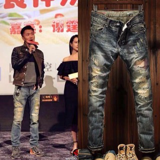 【斯溜】長褲男牛仔褲男秋季男裝高級潮明星同款緊身窄管長褲破洞牛仔褲復古時尚男裝1216