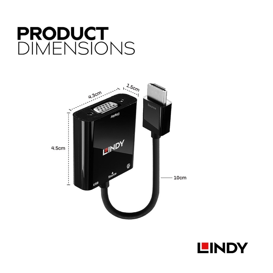 LINDY 林帝 38285 - HDMI訊號輸出到VGA螢幕上 附帶3.5mm音源孔，可輸出到喇叭上 隨插即用 轉接頭