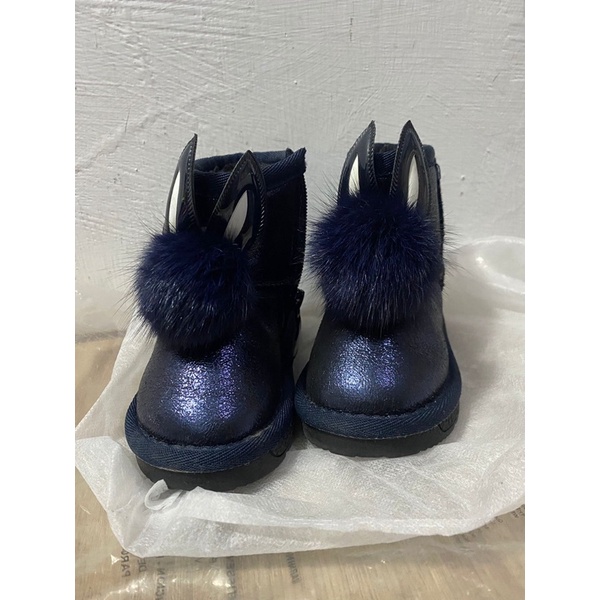 烏克蘭品牌歐洲男童女童小童幼童雪靴兔耳止滑鞋毛毛防水亮面藍短靴保暖防寒