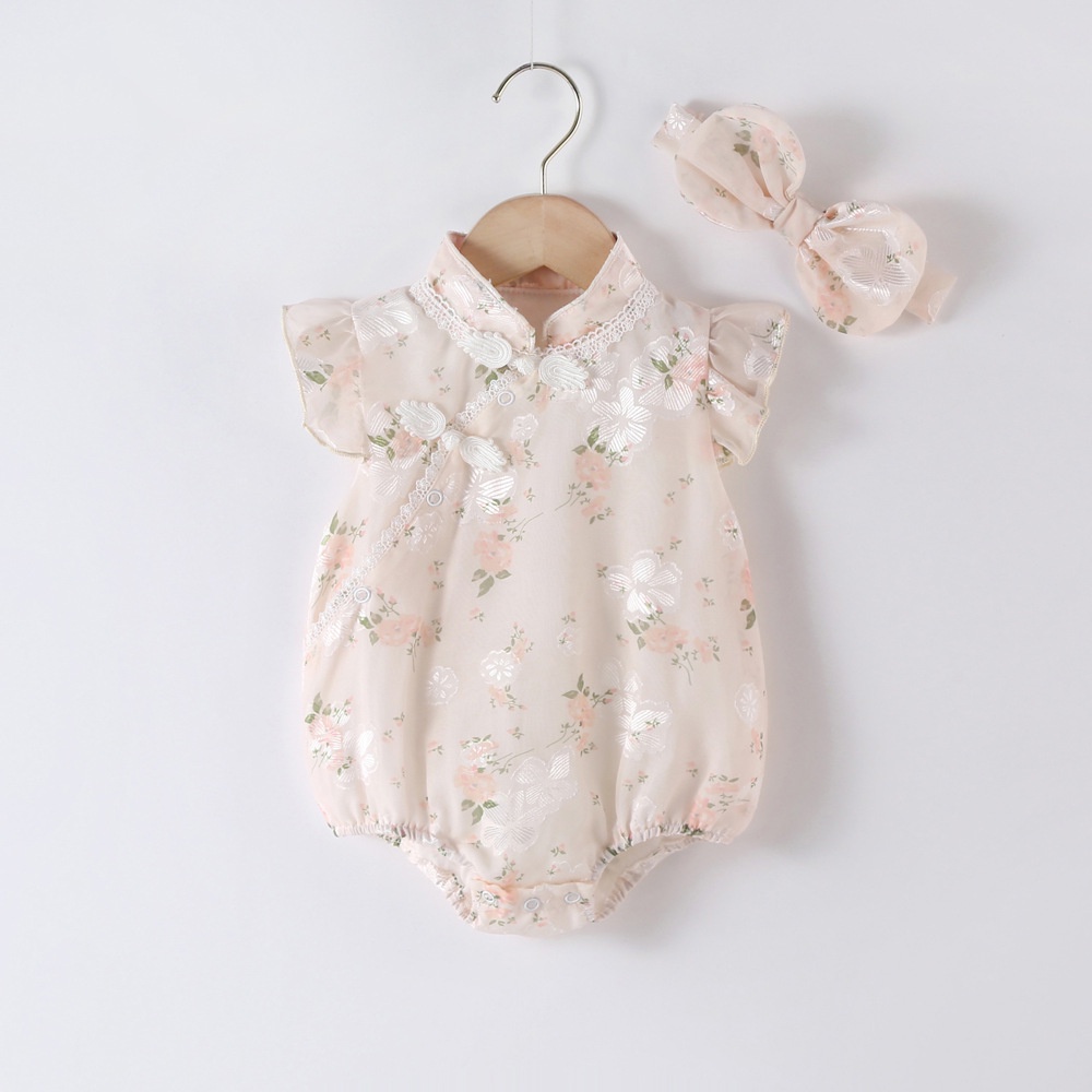 款式旗袍女嬰連身衣嬰兒連體衣嬰兒連身衣新生兒服裝新年禮服+頭帶