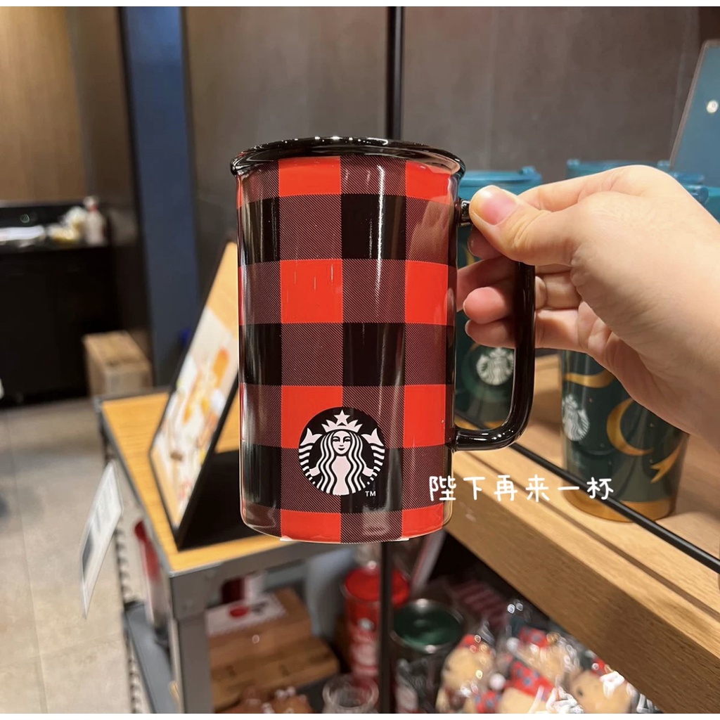 Starbucks官方正品！韓國星巴克杯子2022聖誕節大紅格紋把手馬克杯果汁珍奶茶奶昔茶水咖啡杯473ml
