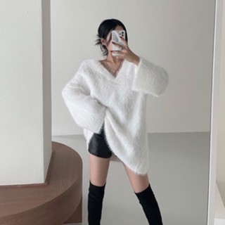 ANGELS TEARS 正韓🇰🇷｜V領長版毛絨針織毛衣｜上衣 長袖上衣 毛絨上衣 長版毛衣 馬海毛 大V領 韓國代購