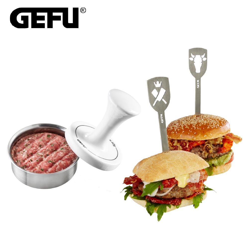 GEFU 國品牌漢堡肉排壓肉器+造型漢堡叉(2入)