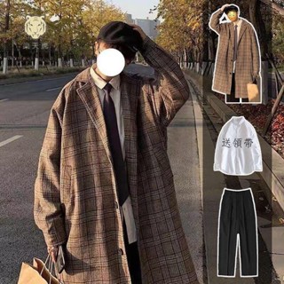 免運★樂天虎 韓版套裝男 長袖套裝 三件裝中長款格子毛呢大衣男潮牌百搭風衣港風寬松帥氣外套 秋冬裝長袖上衣長褲男生衣著