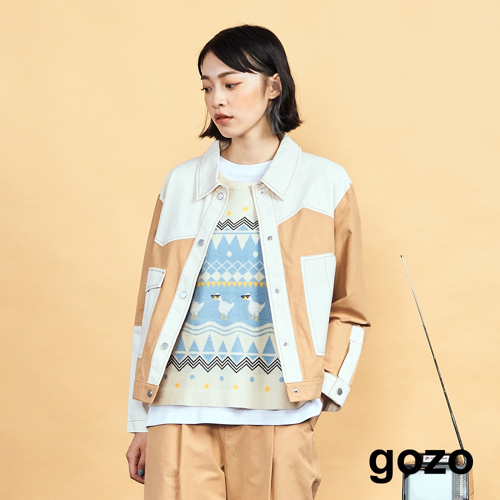【gozo】壓線撞色設計外套(淺桔/深綠_F)｜女裝 顯瘦 休閒