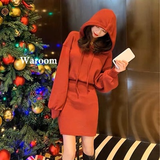 Waroom|現貨 9195 秋冬韓系聖誕節紅色長袖連帽針織包臀連身裙|女裝|小個子|修身|毛衣裙|針織連身裙|裙子
