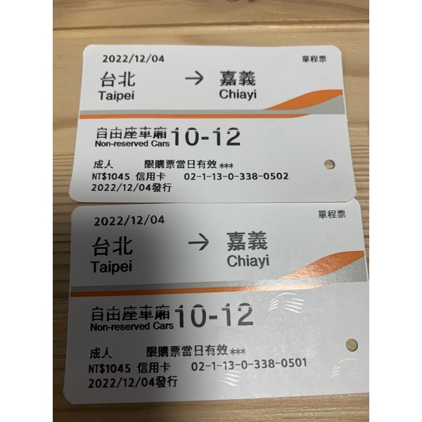 高鐵票根 12月份 2022/12/02嘉義至台北有2張