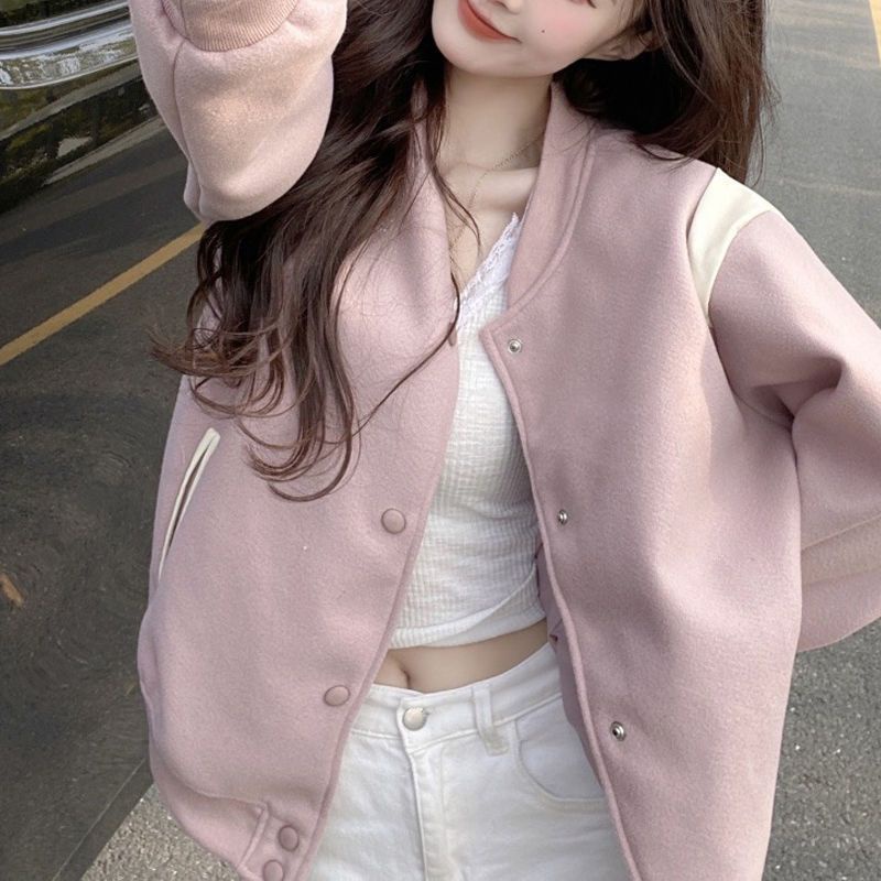 棒球外套女 粉色棒球外套 韓國棒球外套 減齡粉色棒球服女裝年秋季百搭新款外套休閒寬鬆外搭上衣ins