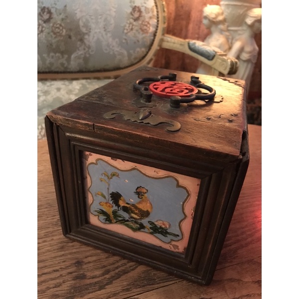 日據時期 古董 珠寶盒 早期 飾品盒 收納盒 珠寶櫃 首飾盒  公雞 花卉 手繪圖 木製 老木盒