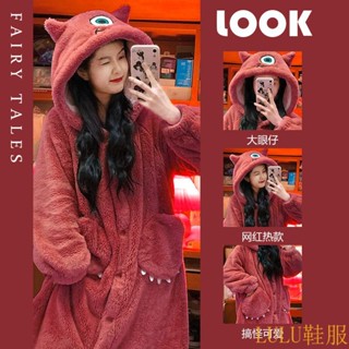 【LULU服飾專區】玉桂狗 小怪獸 珊瑚絨 睡衣女 鞦鼕 網紅風 雲朵狗 睡袍 可愛 卡通 鼕季 加厚 睡裙子 居家服