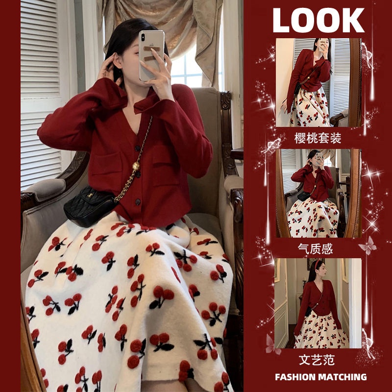 【新年戰袍】單/大尺碼女秋冬季胖mm可鹽可甜紅色襯衫配櫻桃半身裙兩件套裝100公斤