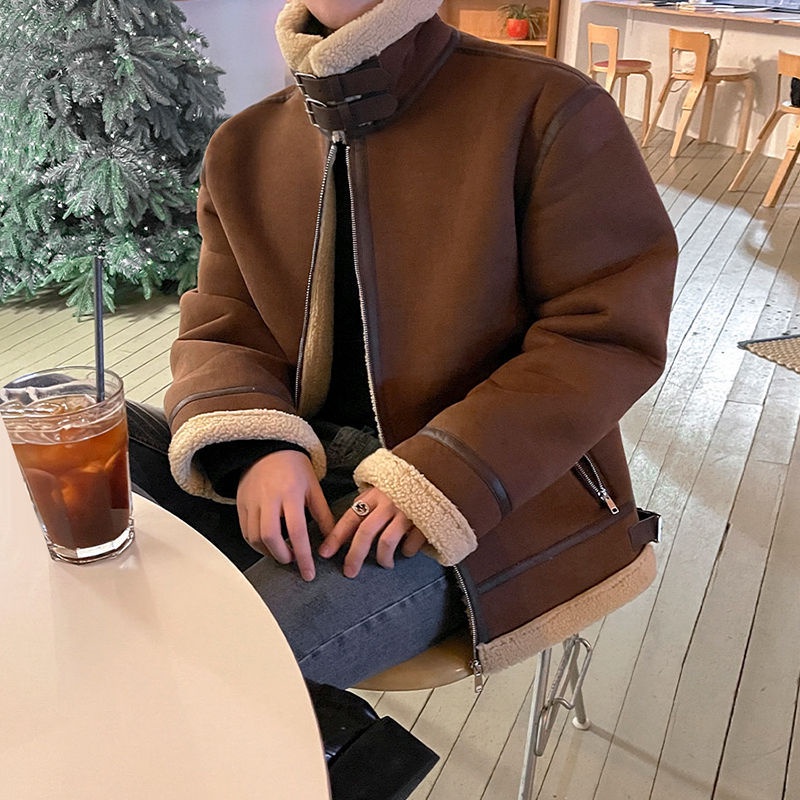 羊羔毛麂皮外套男冬季韓系寬鬆立領絨加厚保暖