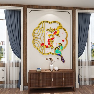 新中式中國風扇子花鳥圖壁貼亞克力自粘3D立體牆貼畫客廳裝飾玄關佈置牆貼畫