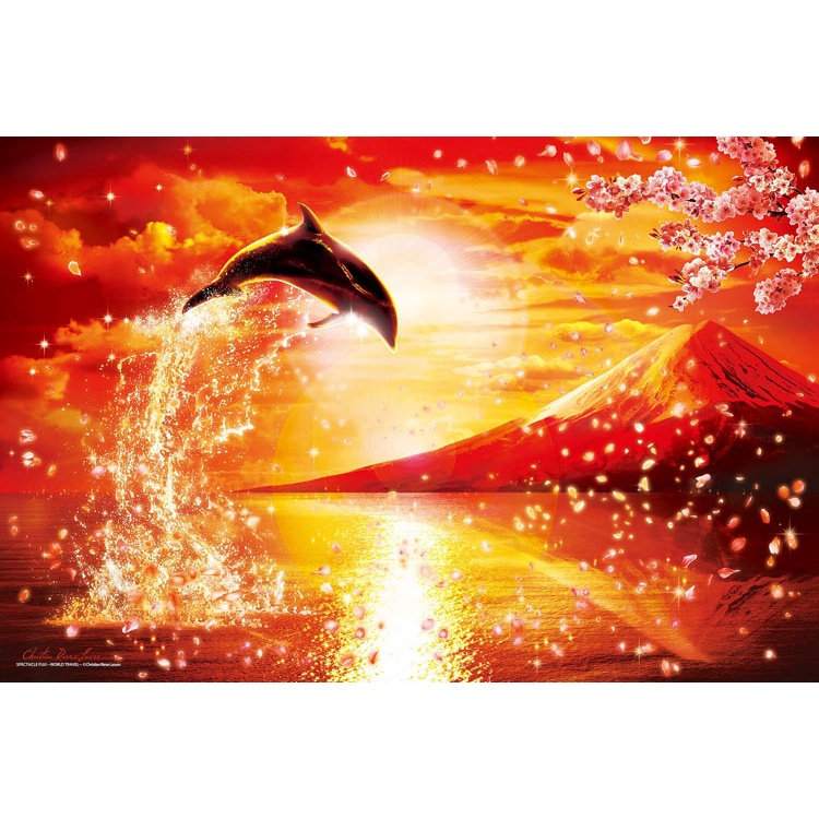 13-031 絕版夜光1000片日本進口拼圖 海洋 海豚 夢幻櫻花富士山