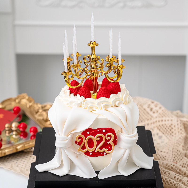 網紅唯美翻糖蛋糕裝飾歐式復古燭臺蠟燭擺件跨年派對草莓插件