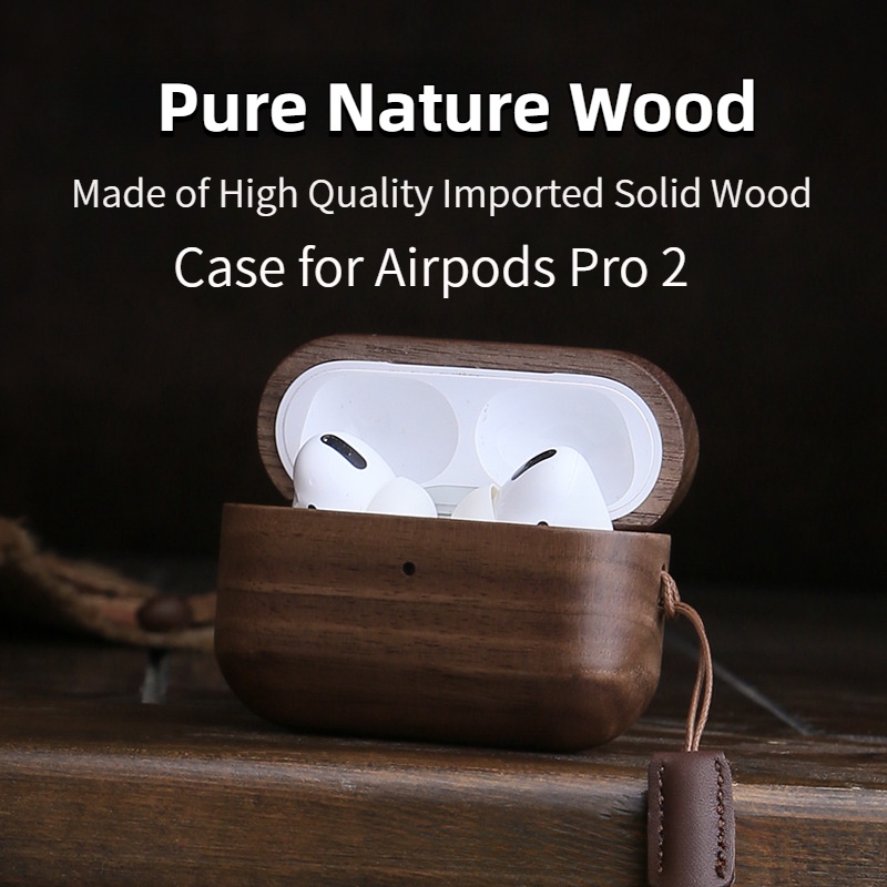 帶皮革掛繩的木製 Airpods Pro 2 保護套