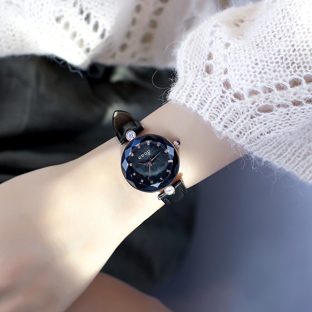 Guou 新款熱銷真皮錶帶女士手錶韓國時尚小錶盤石英表女士簡約休閒水鑽真皮女士手錶