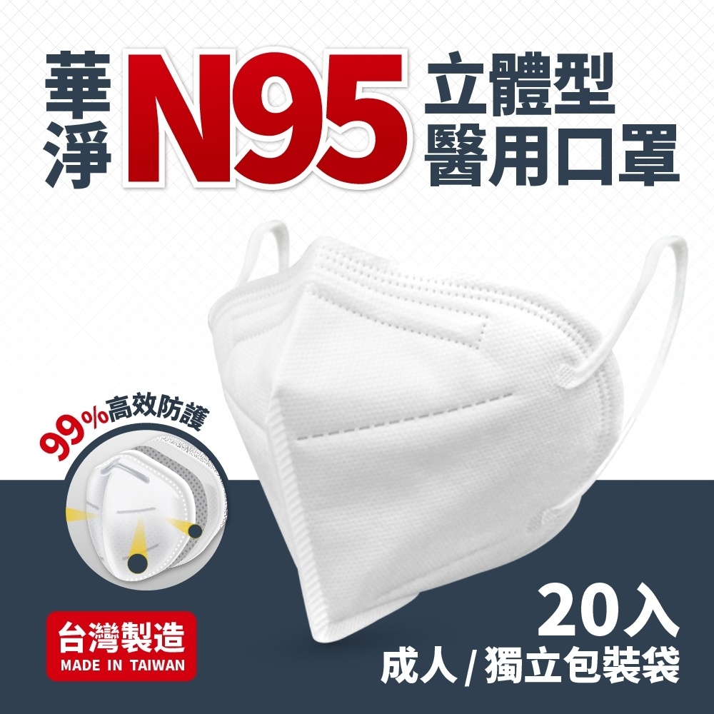 華淨 N95 立體型醫用口罩 四層防護 單片裝白色 台灣製