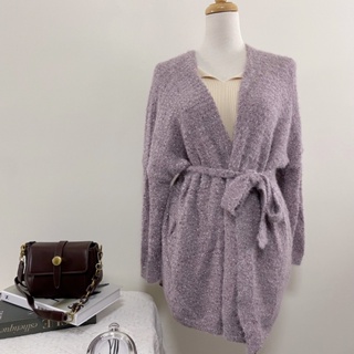 ᵀᴼᵂᴺ 粉紫毛絨混金蔥針織長版開衫外套 附腰帶
