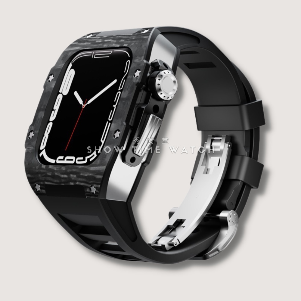 讓Apple Watch更百搭的救星/類RM 碳纖維+鈦合金 蘋果錶殼 44mm 45mm 銀殼 黑膠帶 [秀時堂]
