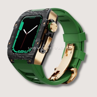 讓Apple Watch更百搭的救星/類RM 碳纖維+鈦合金 蘋果錶殼 44mm 45mm 玫殼 綠膠帶 [秀時堂]